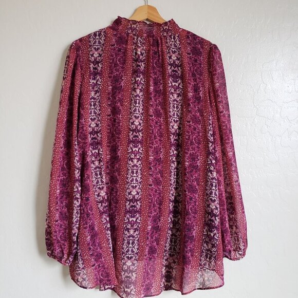 Susan Graver Chiffon Smocked Mock Neck Blouse Built in Tank Boho Berry Size 2X - Picture 7 of 12